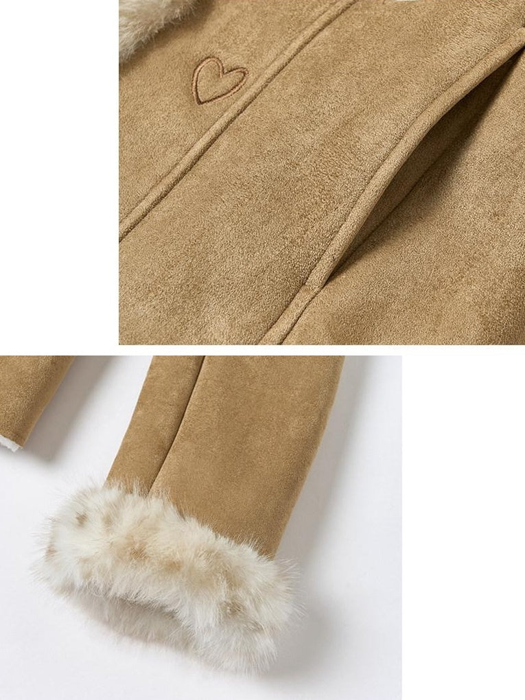 Outthe Blue Faux Fur Lined Slim Casual Tie Front Lapel Women Khaki Heart Short Jackets