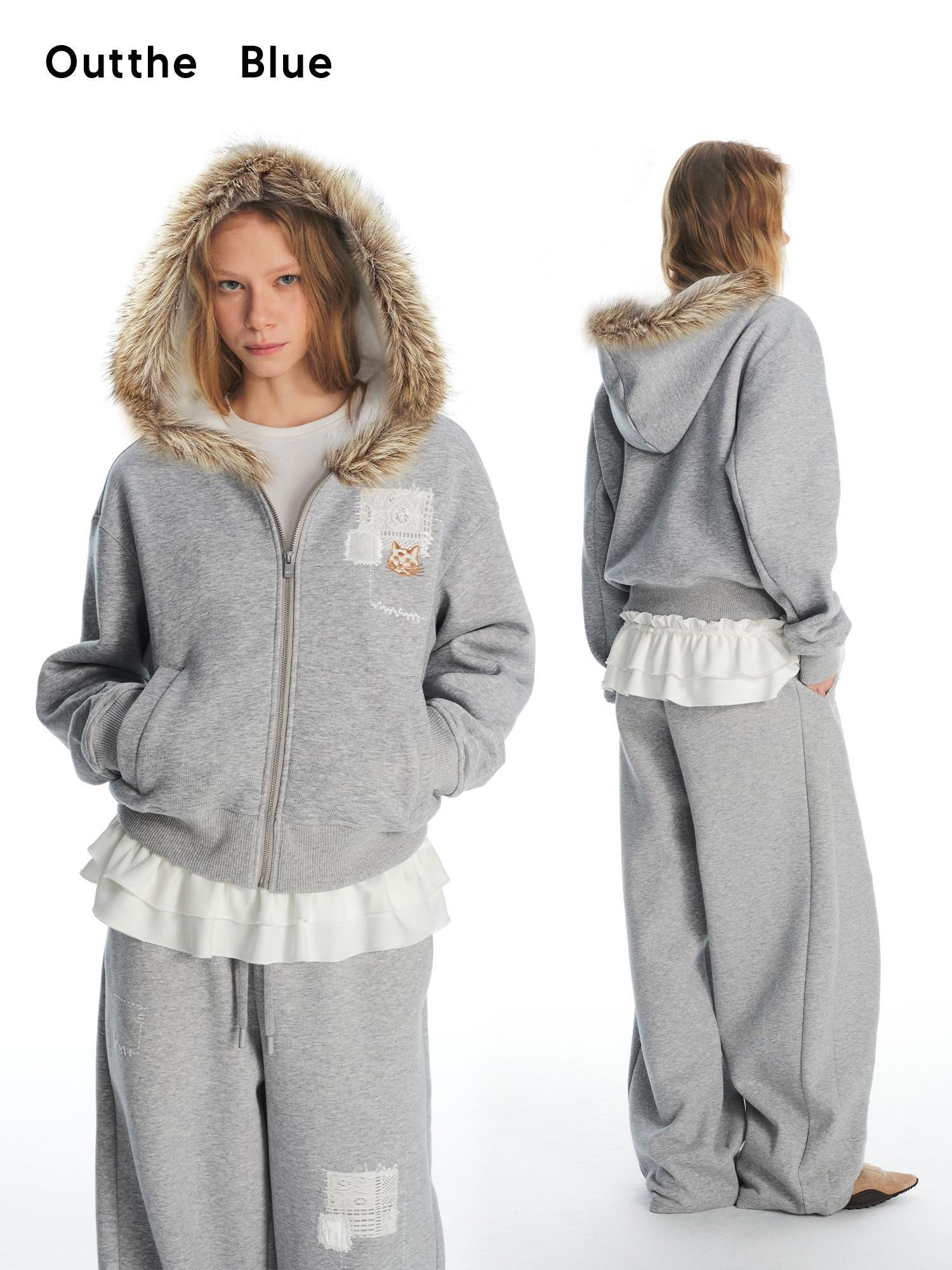 Outthe Blue Fleece Lined Cotton Zip Gray Detachable Fur Collar Jogger Top & Pants Sets