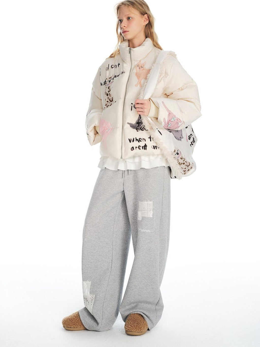 Outthe Blue Fleece Lined Cotton Zip Gray Detachable Fur Collar Jogger Top & Pants Sets