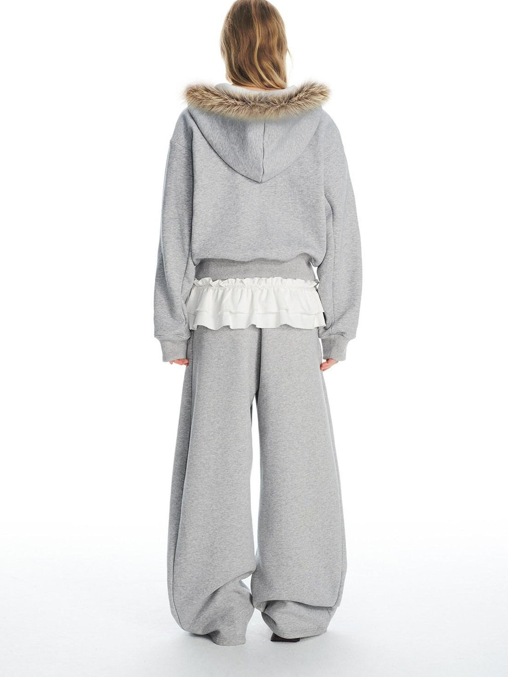 Outthe Blue Fleece Lined Cotton Zip Gray Detachable Fur Collar Jogger Top & Pants Sets