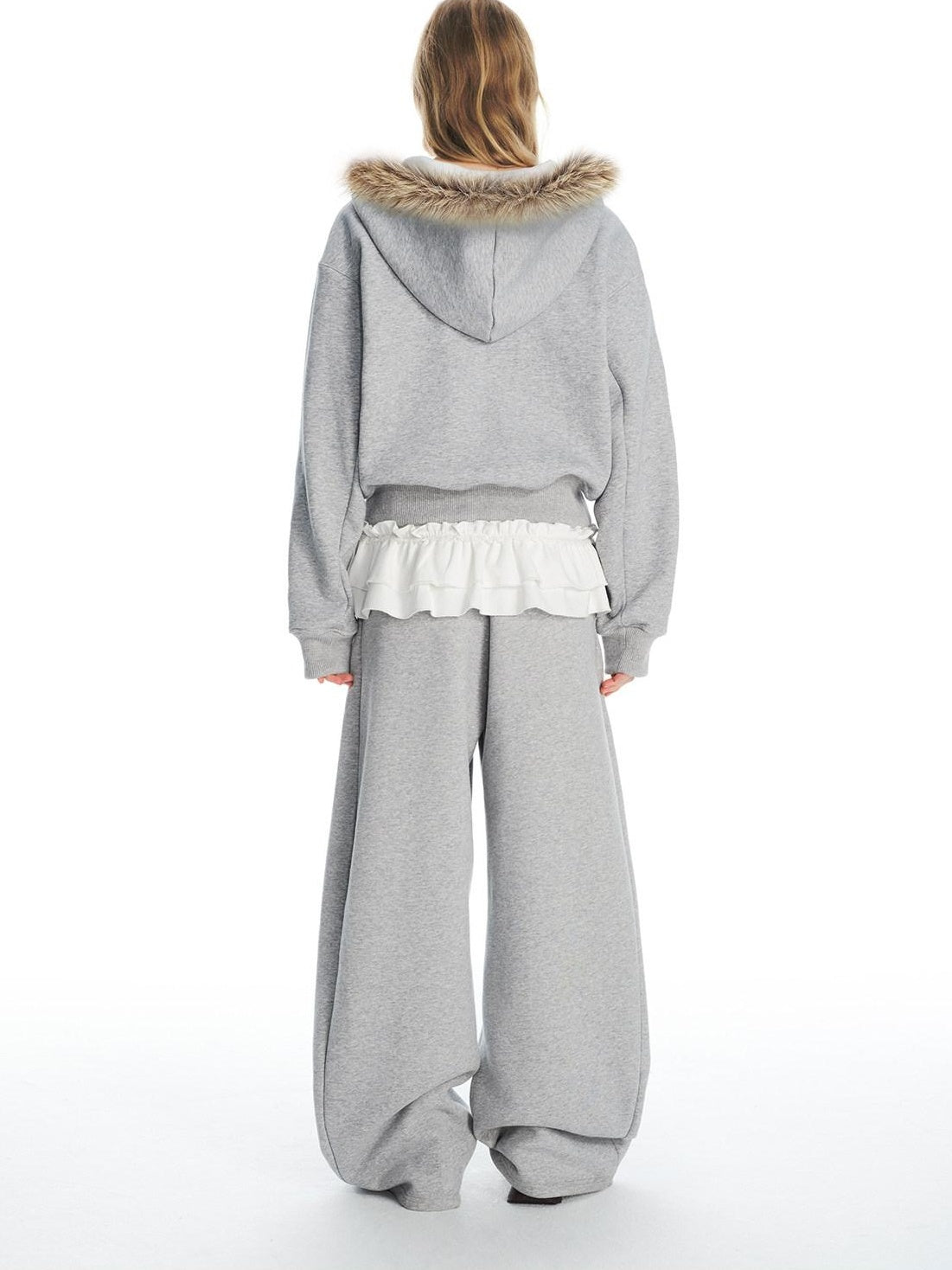 Outthe Blue Fleece Lined Cotton Zip Gray Detachable Fur Collar Jogger Top & Pants Sets
