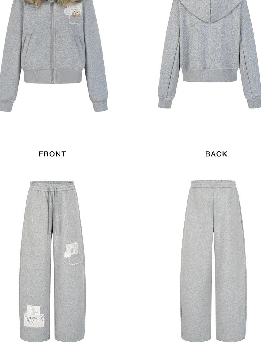 Outthe Blue Fleece Lined Cotton Zip Gray Detachable Fur Collar Jogger Top & Pants Sets