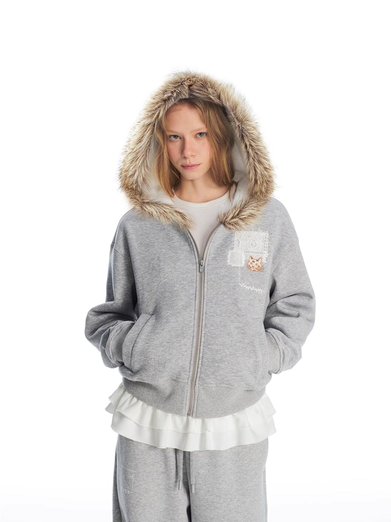 Outthe Blue Fleece Lined Cotton Zip Gray Detachable Fur Collar Jogger Top & Pants Sets