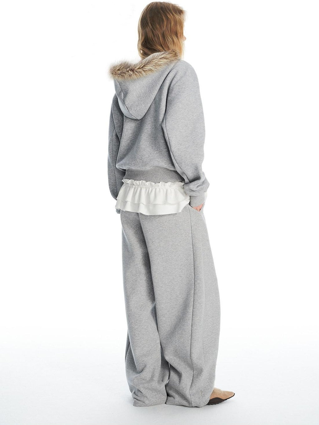 Outthe Blue Fleece Lined Cotton Zip Gray Detachable Fur Collar Jogger Top & Pants Sets