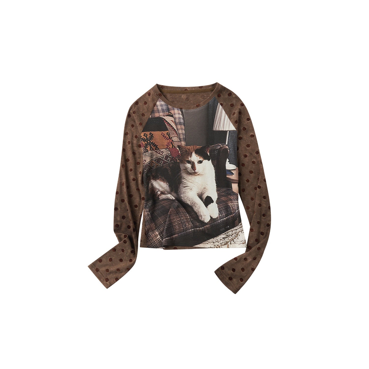 Outthe_Blue_Flocked_Sleepy_Cat_Polka_Dot_Slim_Fit_Raglan_Crewneck_Women_Long_Sleeve_T-Shirts_MISSTT
