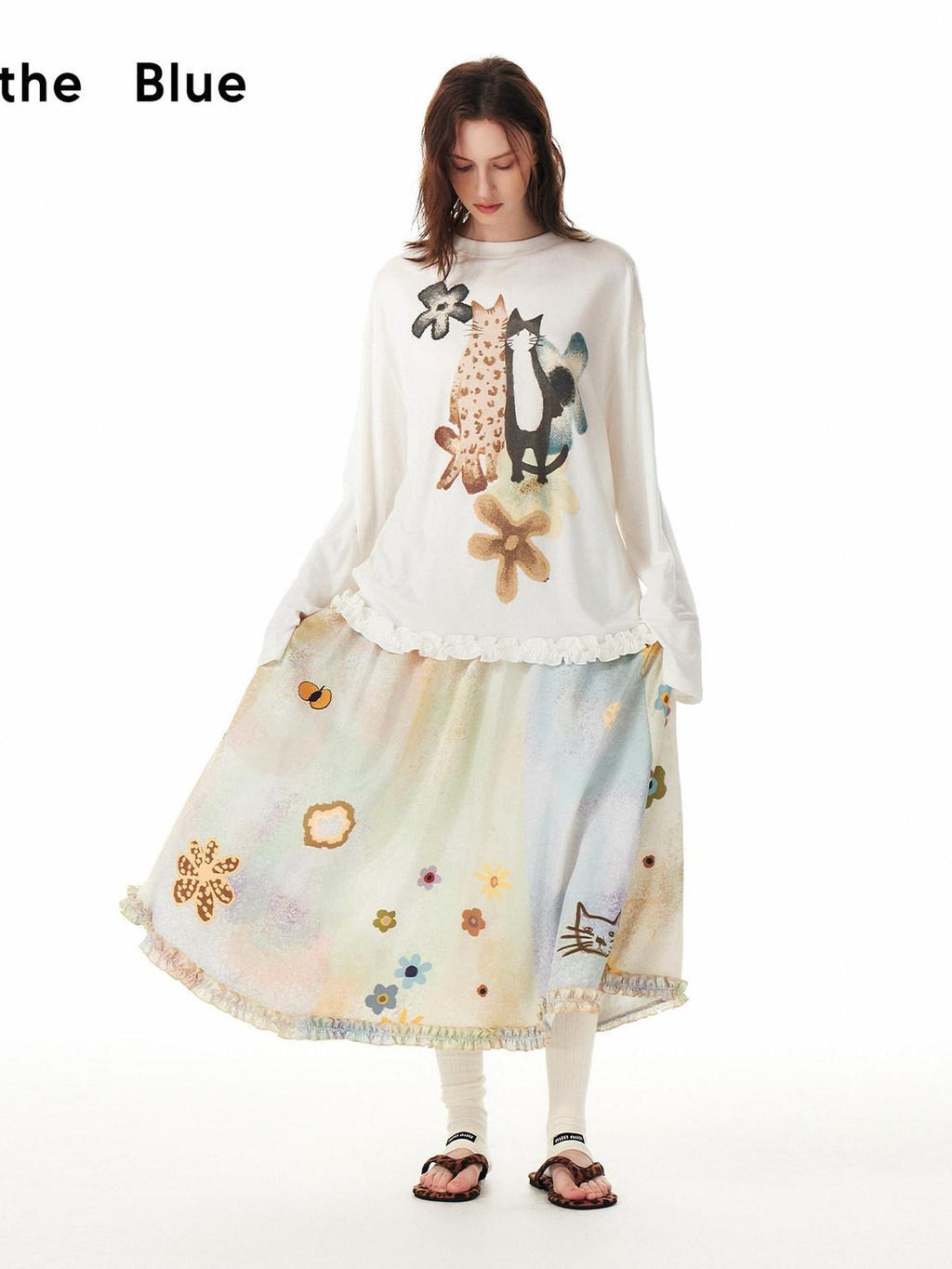 Outthe Blue Floral Animal Print Loose Long Sleeve Roundneck 4 Piece Women Top & Skirt Sets