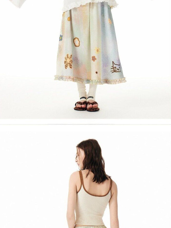 Outthe Blue Floral Animal Print Loose Long Sleeve Roundneck 4 Piece Women Top & Skirt Sets