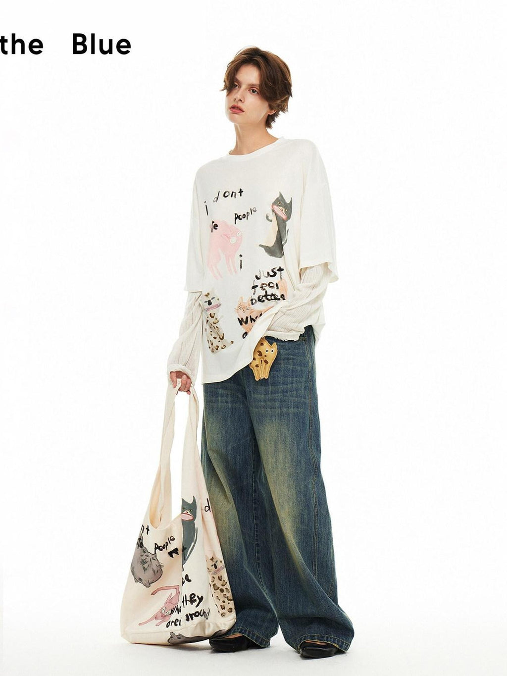 Outthe Blue Floral Animal Print Loose Long Sleeve Roundneck 4 Piece Women Top & Skirt Sets