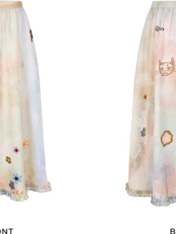Outthe Blue Floral Animal Print Loose Long Sleeve Roundneck 4 Piece Women Top & Skirt Sets