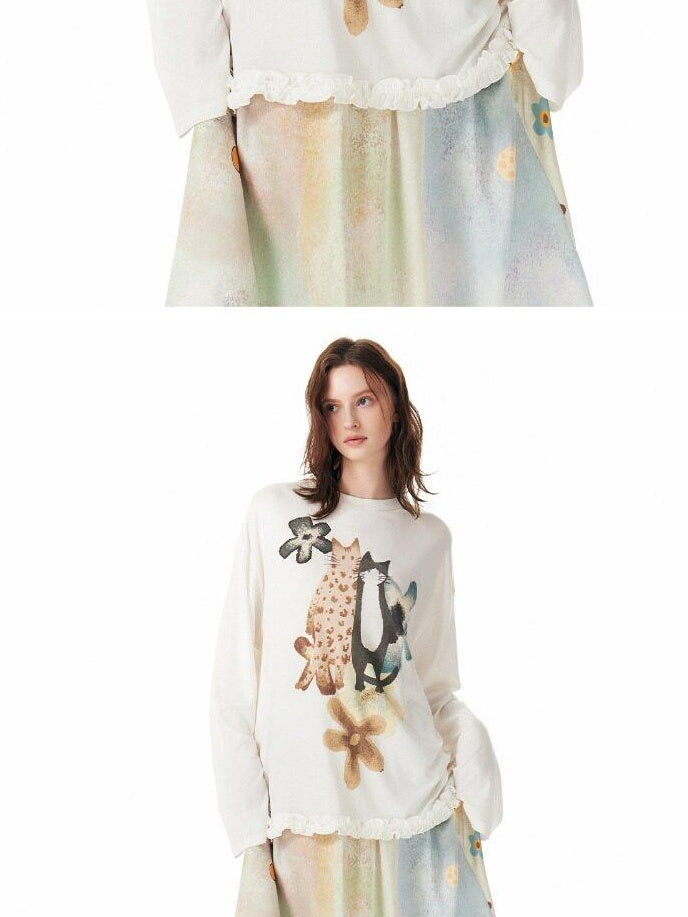 Outthe Blue Floral Animal Print Loose Long Sleeve Roundneck 4 Piece Women Top & Skirt Sets