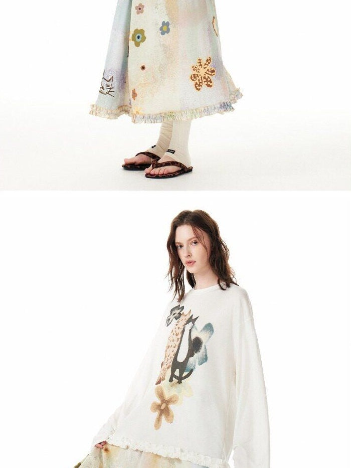 Outthe Blue Floral Animal Print Loose Long Sleeve Roundneck 4 Piece Women Top & Skirt Sets