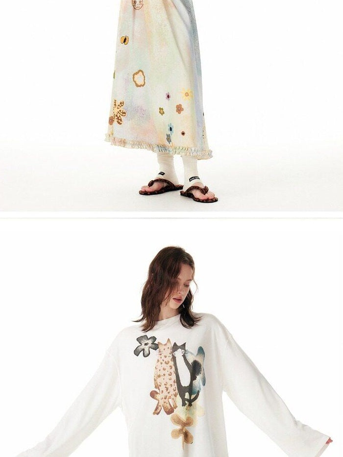 Outthe Blue Floral Animal Print Loose Long Sleeve Roundneck 4 Piece Women Top & Skirt Sets