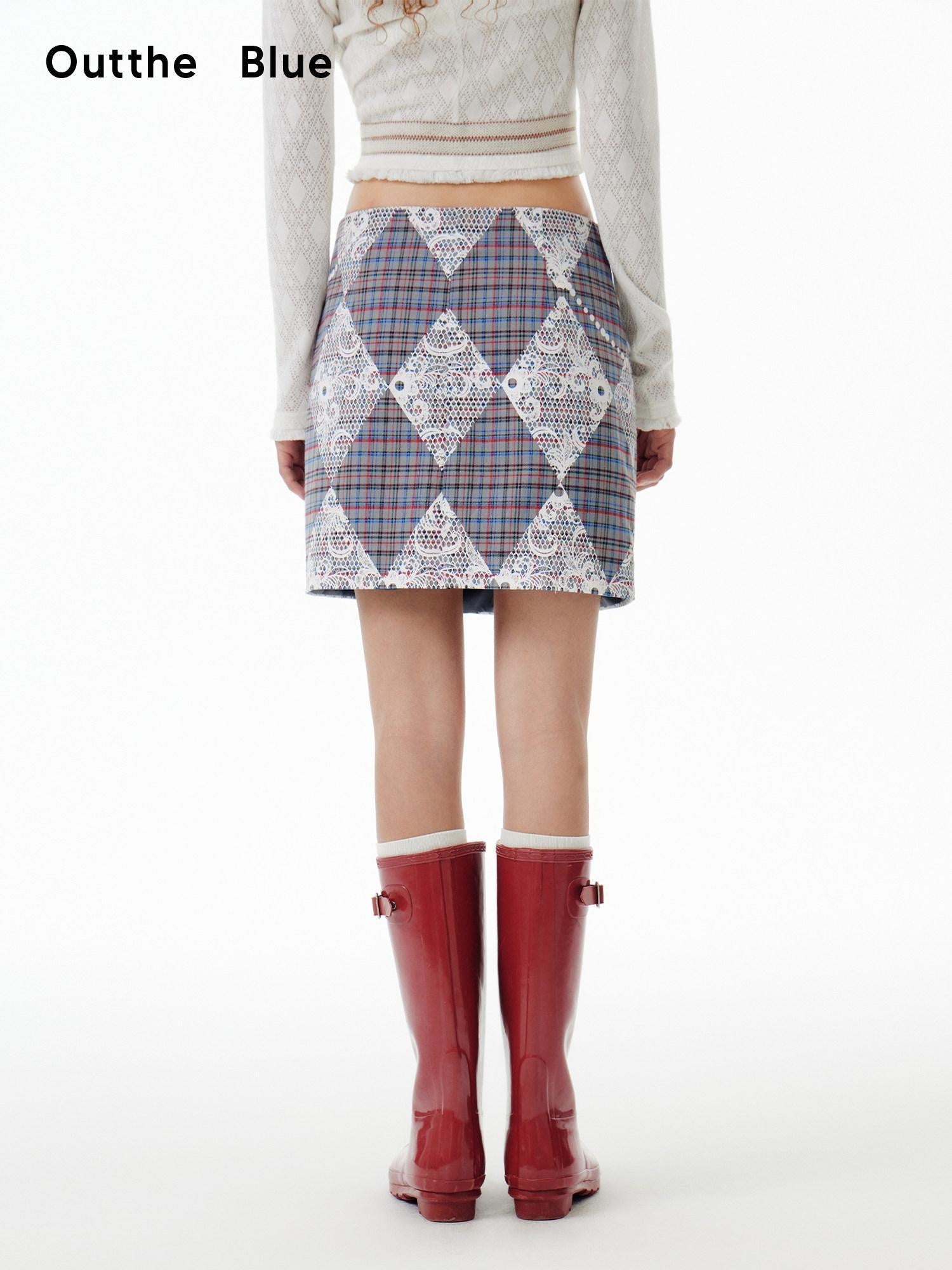 Outthe Blue Floral Print Mid Rise Slim Fit A Line Women Grey Plaid Polyester Mini Skirts