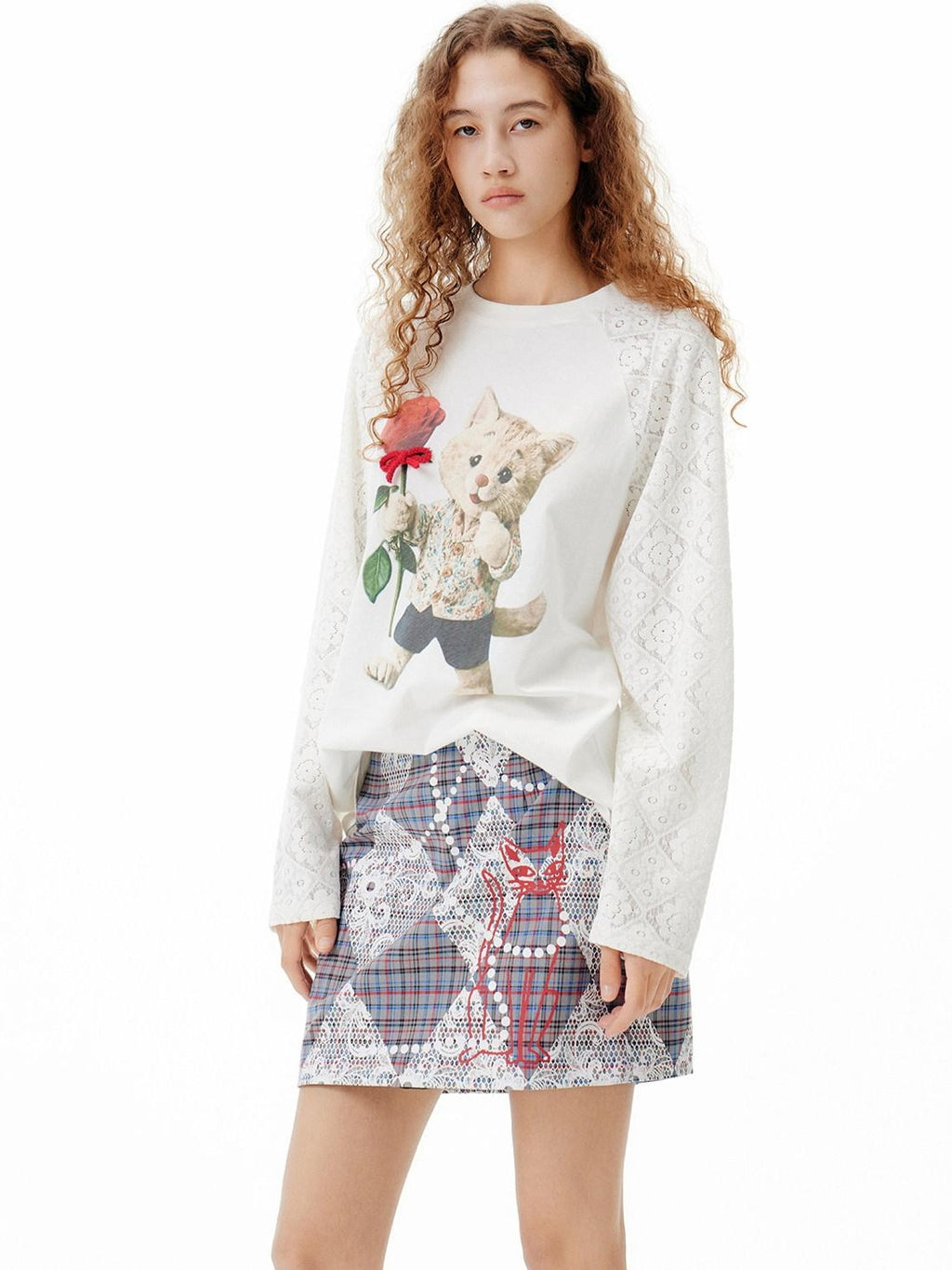 Outthe Blue Floral Print Mid Rise Slim Fit A Line Women Grey Plaid Polyester Mini Skirts