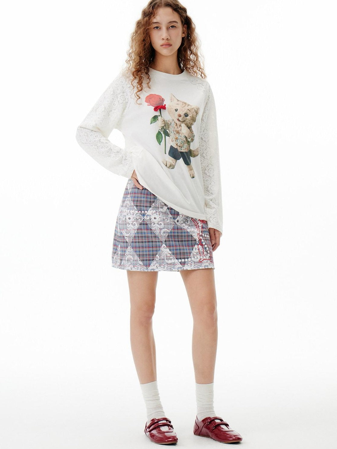 Outthe Blue Floral Print Mid Rise Slim Fit A Line Women Grey Plaid Polyester Mini Skirts