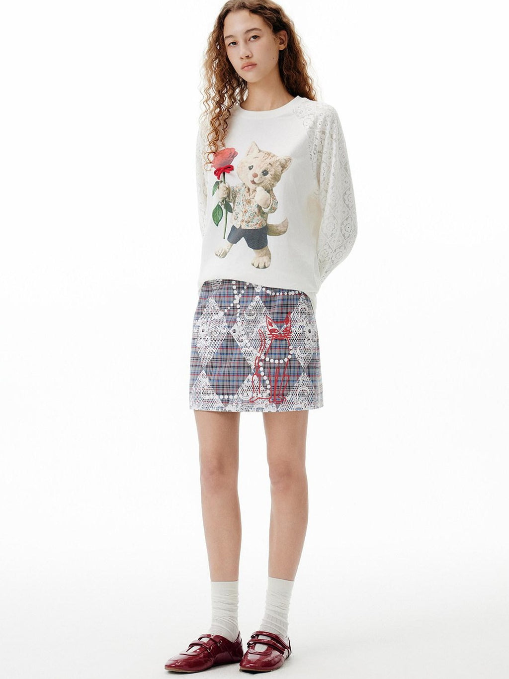 Outthe Blue Floral Print Mid Rise Slim Fit A Line Women Grey Plaid Polyester Mini Skirts