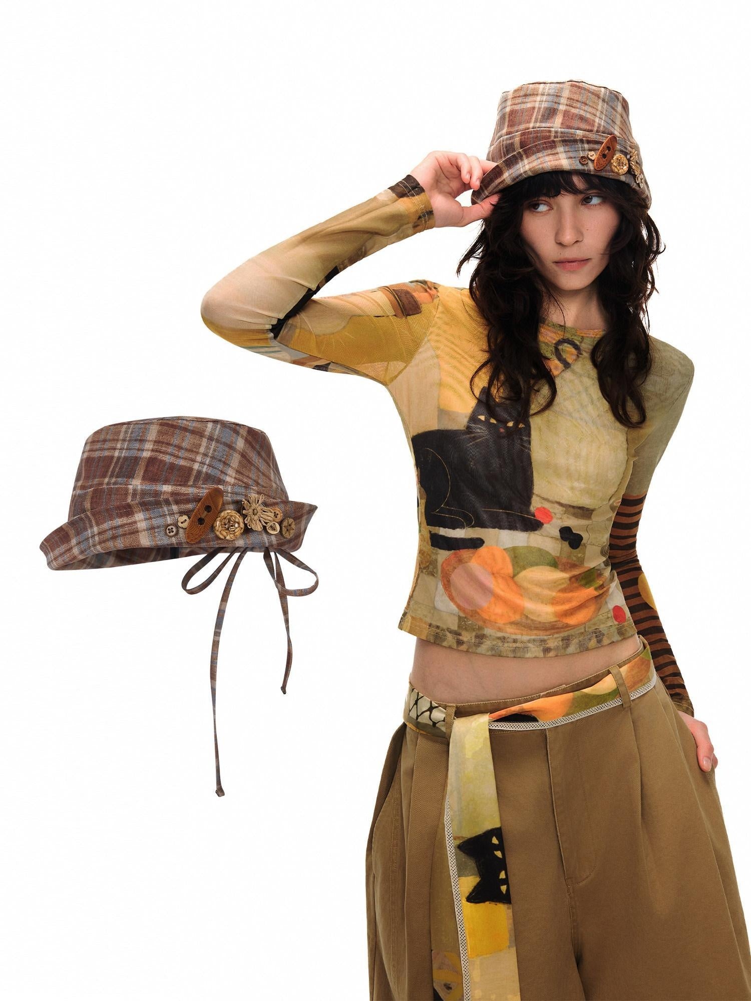 Outthe Blue Foldable Plaid Round Top Polyester Lightweight Casual Travel Women Hats