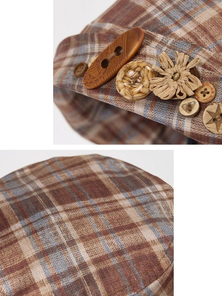Outthe Blue Foldable Plaid Round Top Polyester Lightweight Casual Travel Women Hats