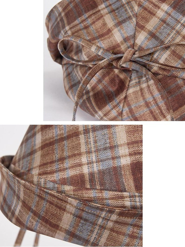 Outthe Blue Foldable Plaid Round Top Polyester Lightweight Casual Travel Women Hats