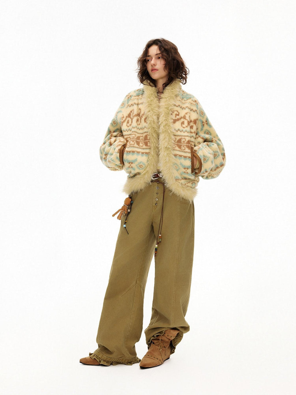 Outthe Blue Fur Collar Loose Midlength Stand Collar Casual Women Fair Isle Polyester Jackets