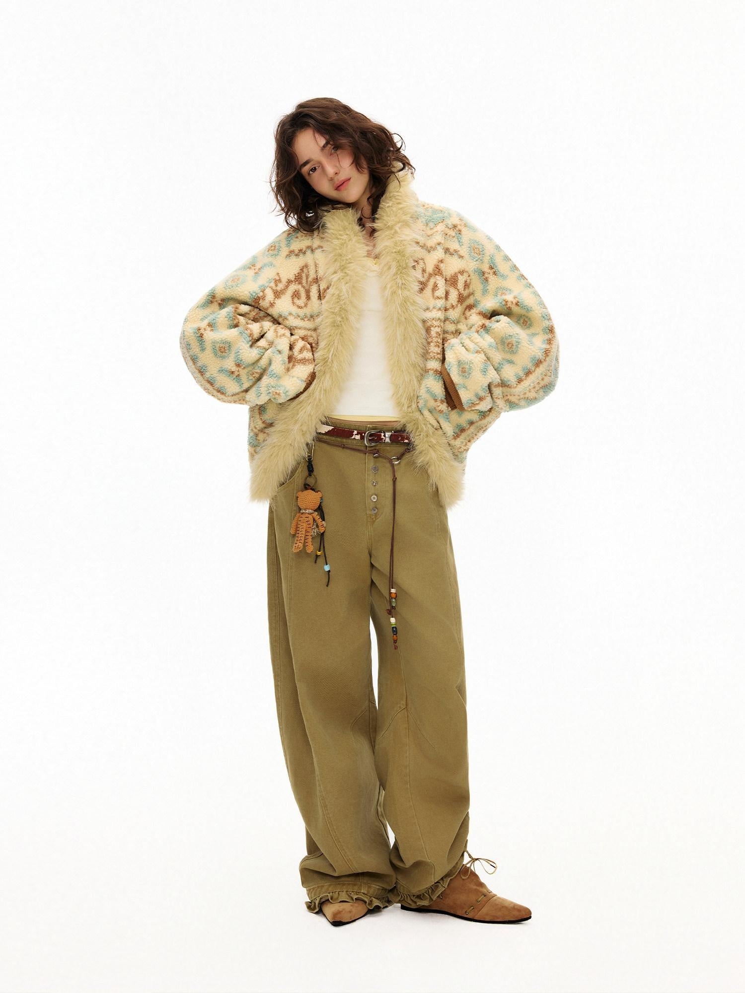 Outthe Blue Fur Collar Loose Midlength Stand Collar Casual Women Fair Isle Polyester Jackets