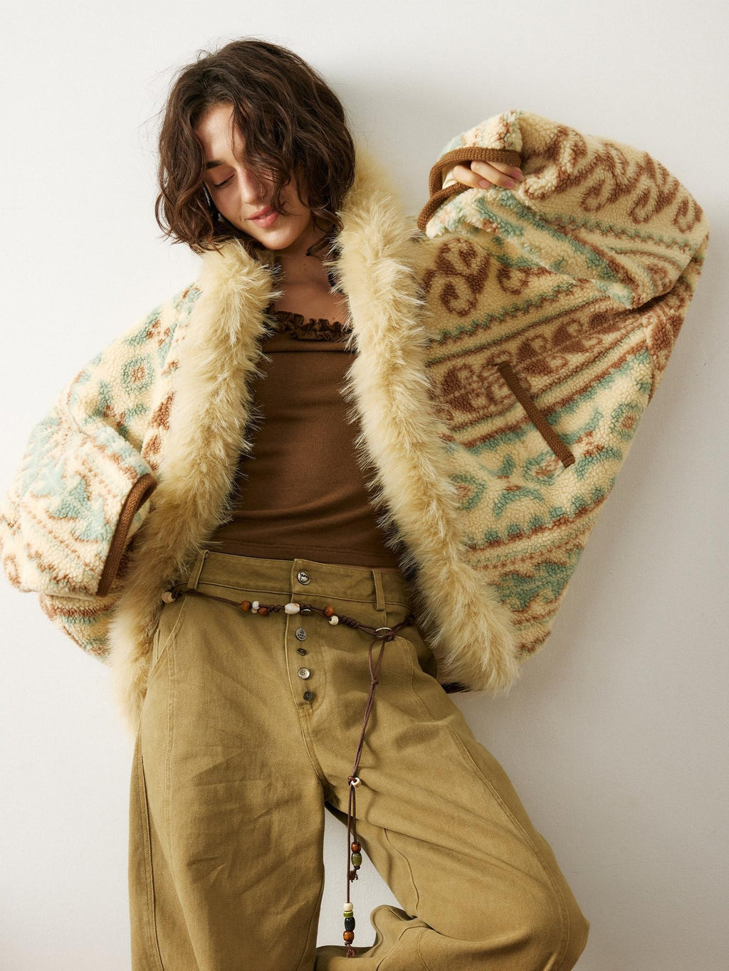 Outthe Blue Fur Collar Loose Midlength Stand Collar Casual Women Fair Isle Polyester Jackets