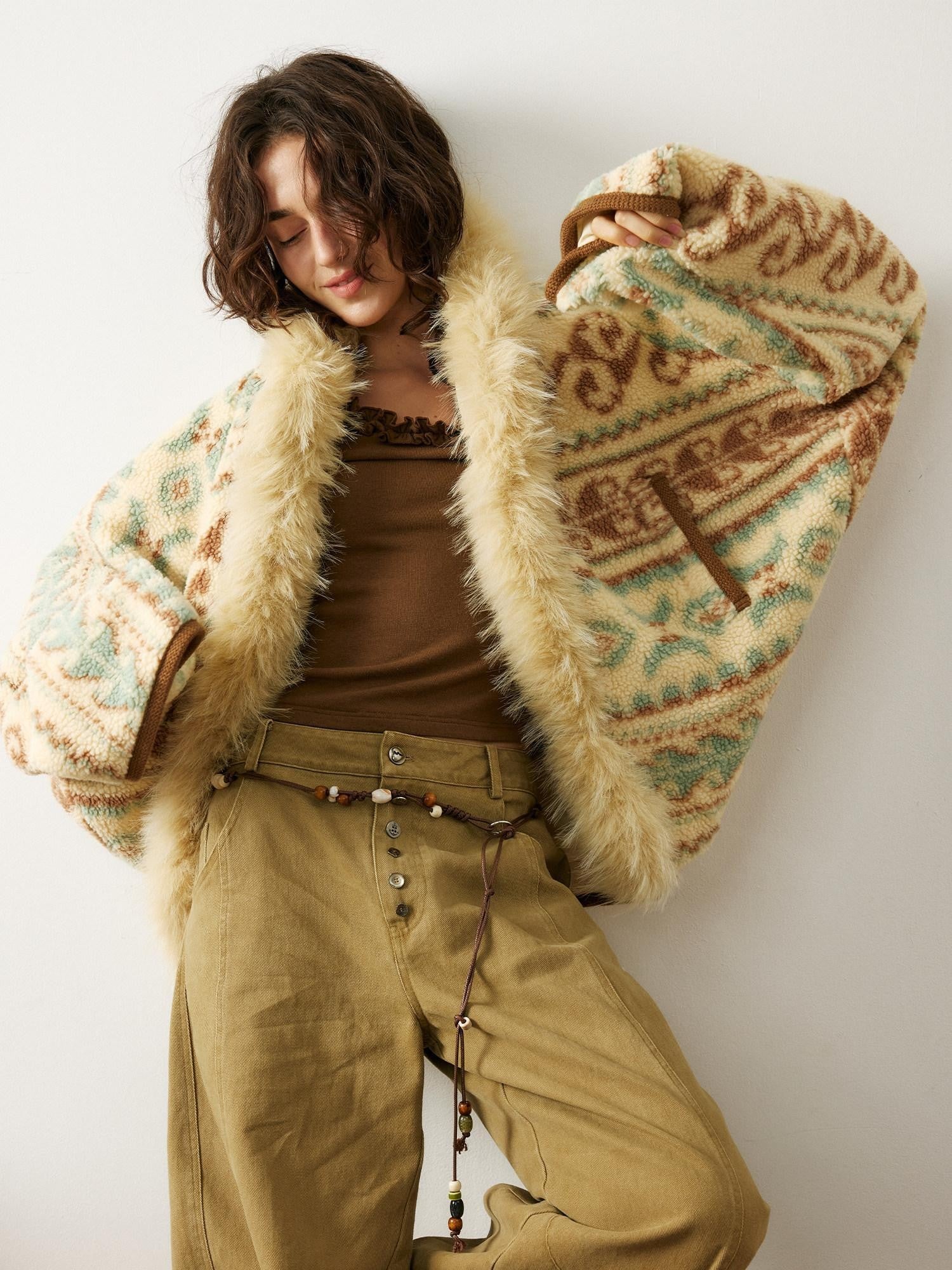 Outthe Blue Fur Collar Loose Midlength Stand Collar Casual Women Fair Isle Polyester Jackets