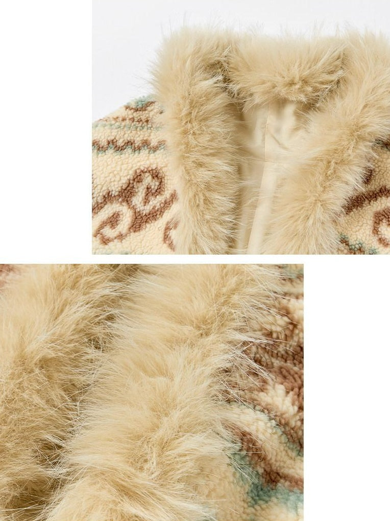 Outthe Blue Fur Collar Loose Midlength Stand Collar Casual Women Fair Isle Polyester Jackets