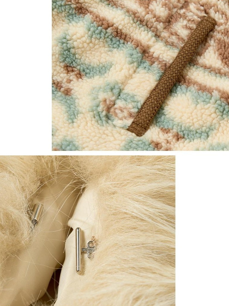 Outthe Blue Fur Collar Loose Midlength Stand Collar Casual Women Fair Isle Polyester Jackets