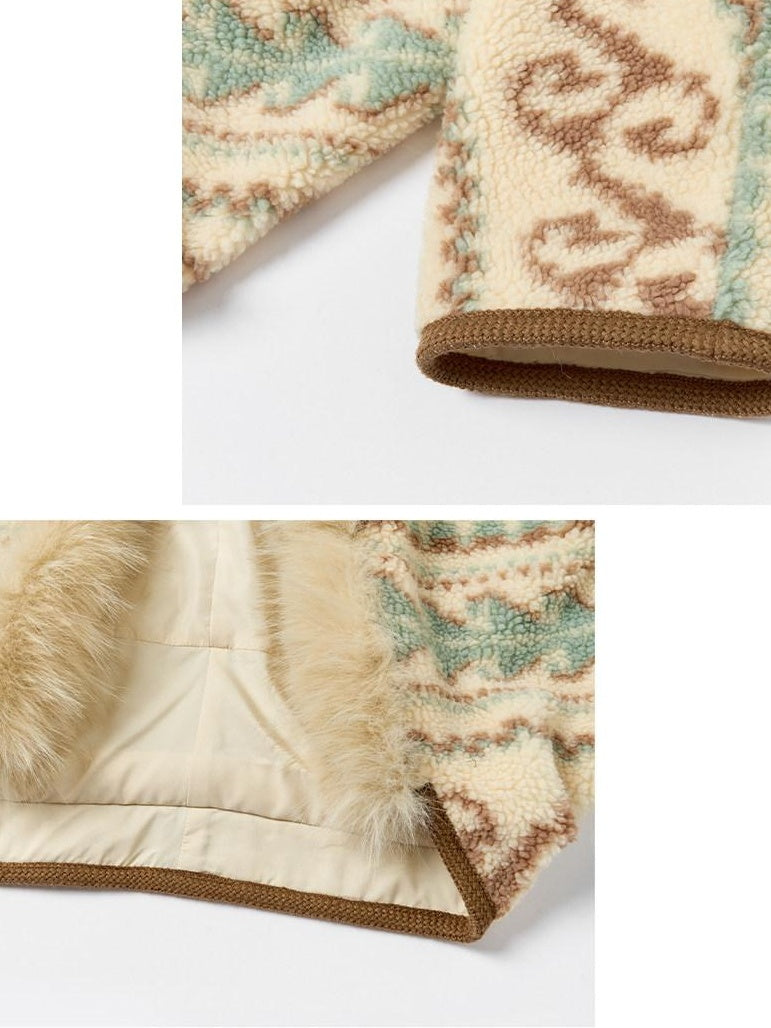 Outthe Blue Fur Collar Loose Midlength Stand Collar Casual Women Fair Isle Polyester Jackets