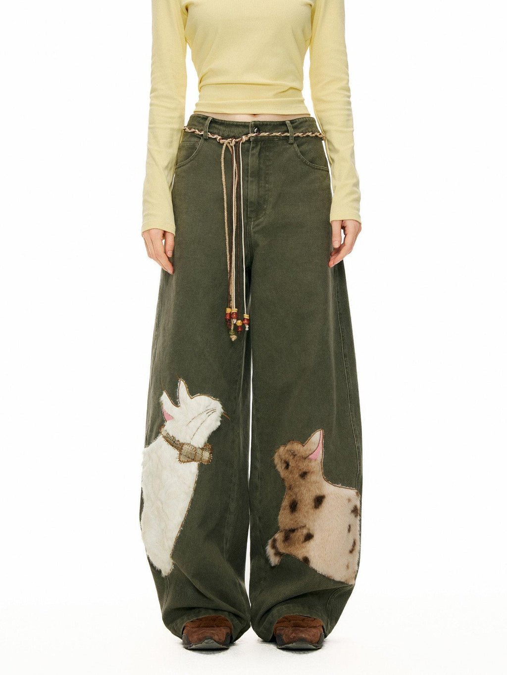 Outthe Blue Green Animal Print Cotton Natural Waist Patch Casual Women Wide Leg Pants
