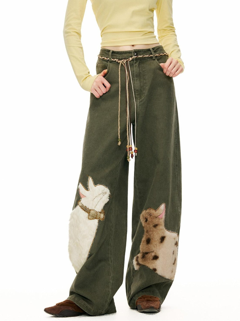 Outthe Blue Green Animal Print Cotton Natural Waist Patch Casual Women Wide Leg Pants