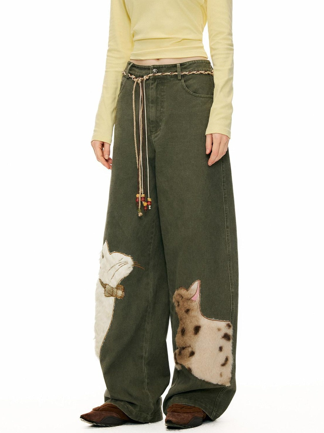 Outthe Blue Green Animal Print Cotton Natural Waist Patch Casual Women Wide Leg Pants