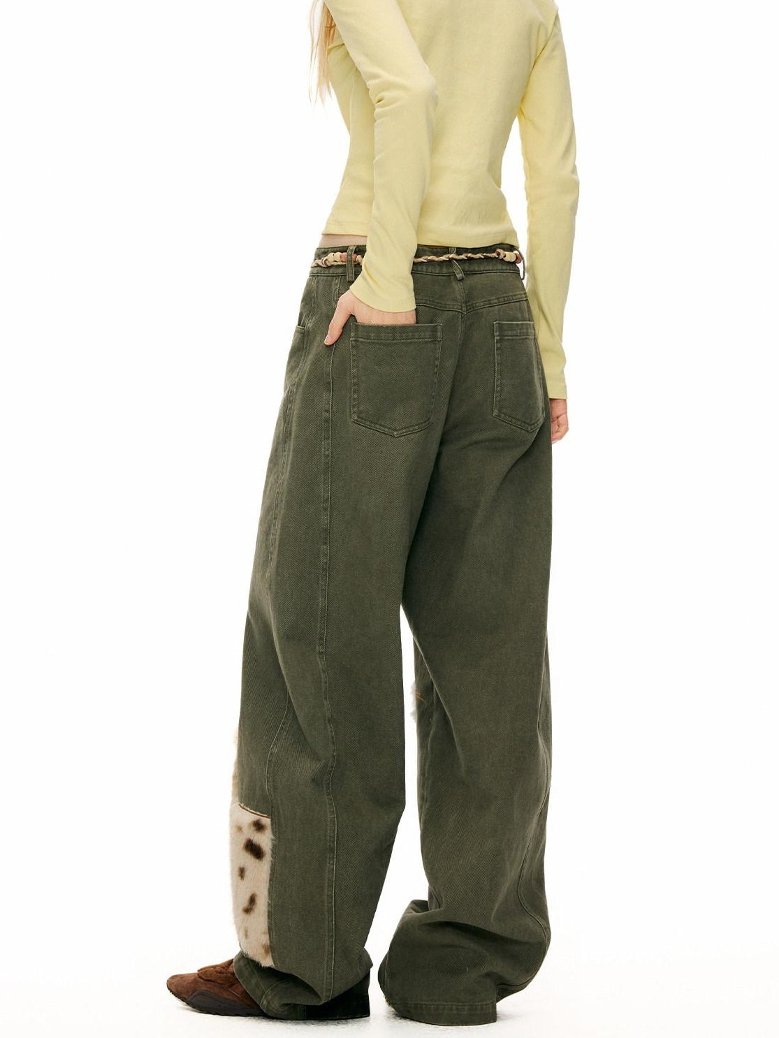 Outthe Blue Green Animal Print Cotton Natural Waist Patch Casual Women Wide Leg Pants