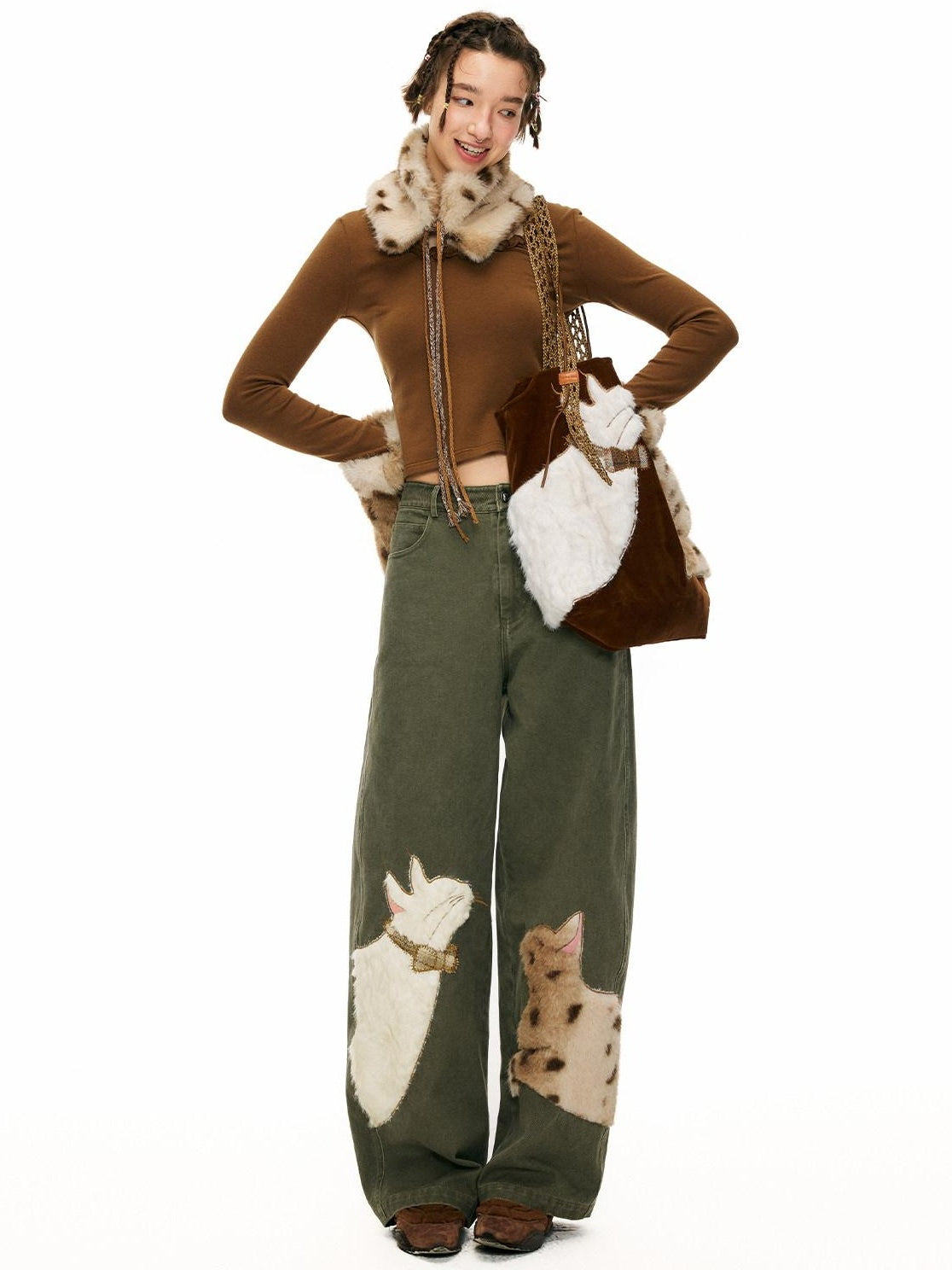 Outthe Blue Green Animal Print Cotton Natural Waist Patch Casual Women Wide Leg Pants