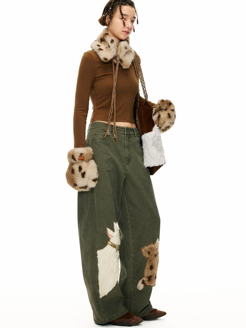 Outthe Blue Green Animal Print Cotton Natural Waist Patch Casual Women Wide Leg Pants