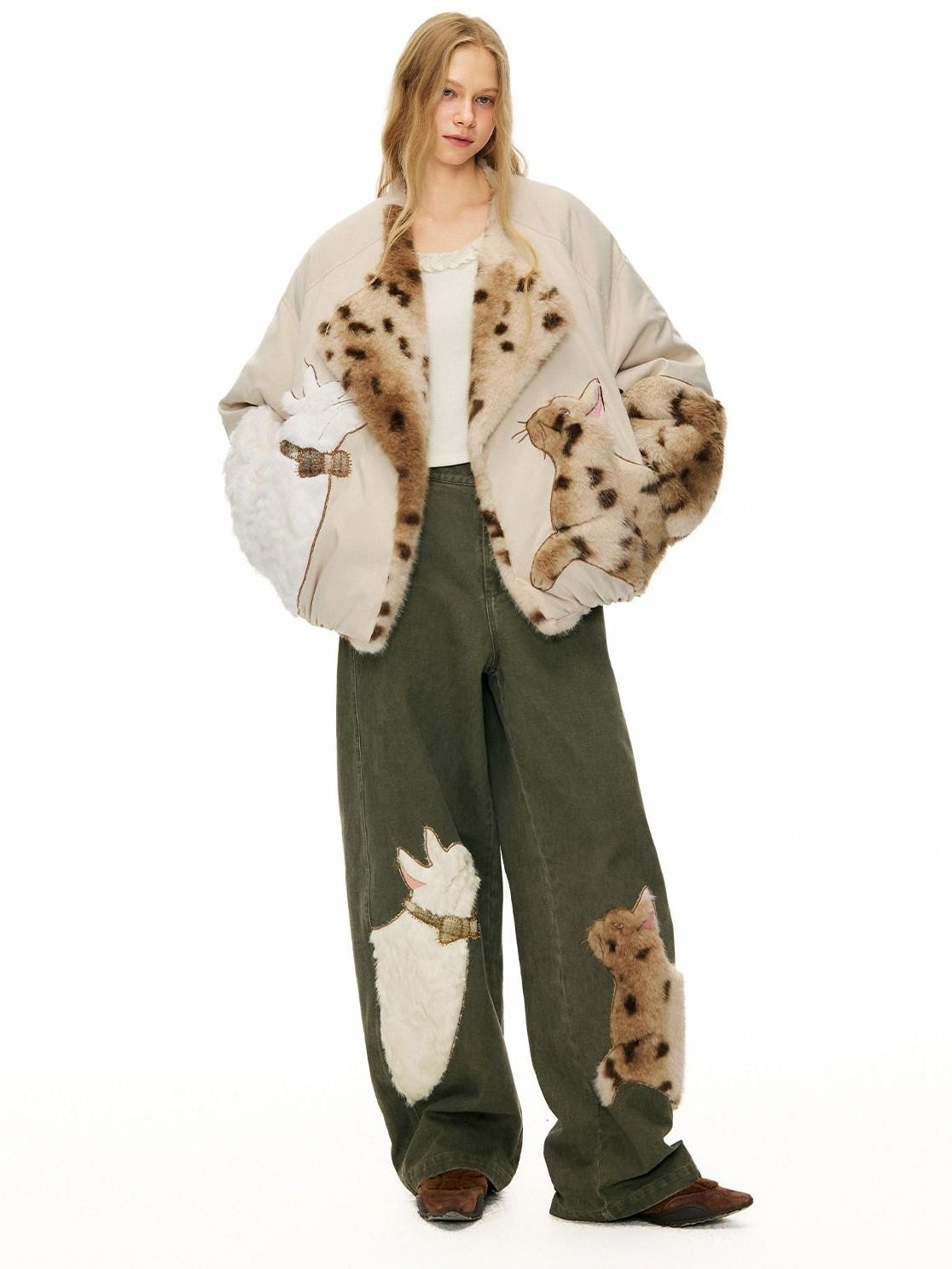 Outthe Blue Green Animal Print Cotton Natural Waist Patch Casual Women Wide Leg Pants