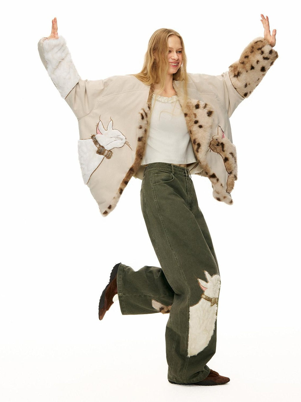 Outthe Blue Green Animal Print Cotton Natural Waist Patch Casual Women Wide Leg Pants