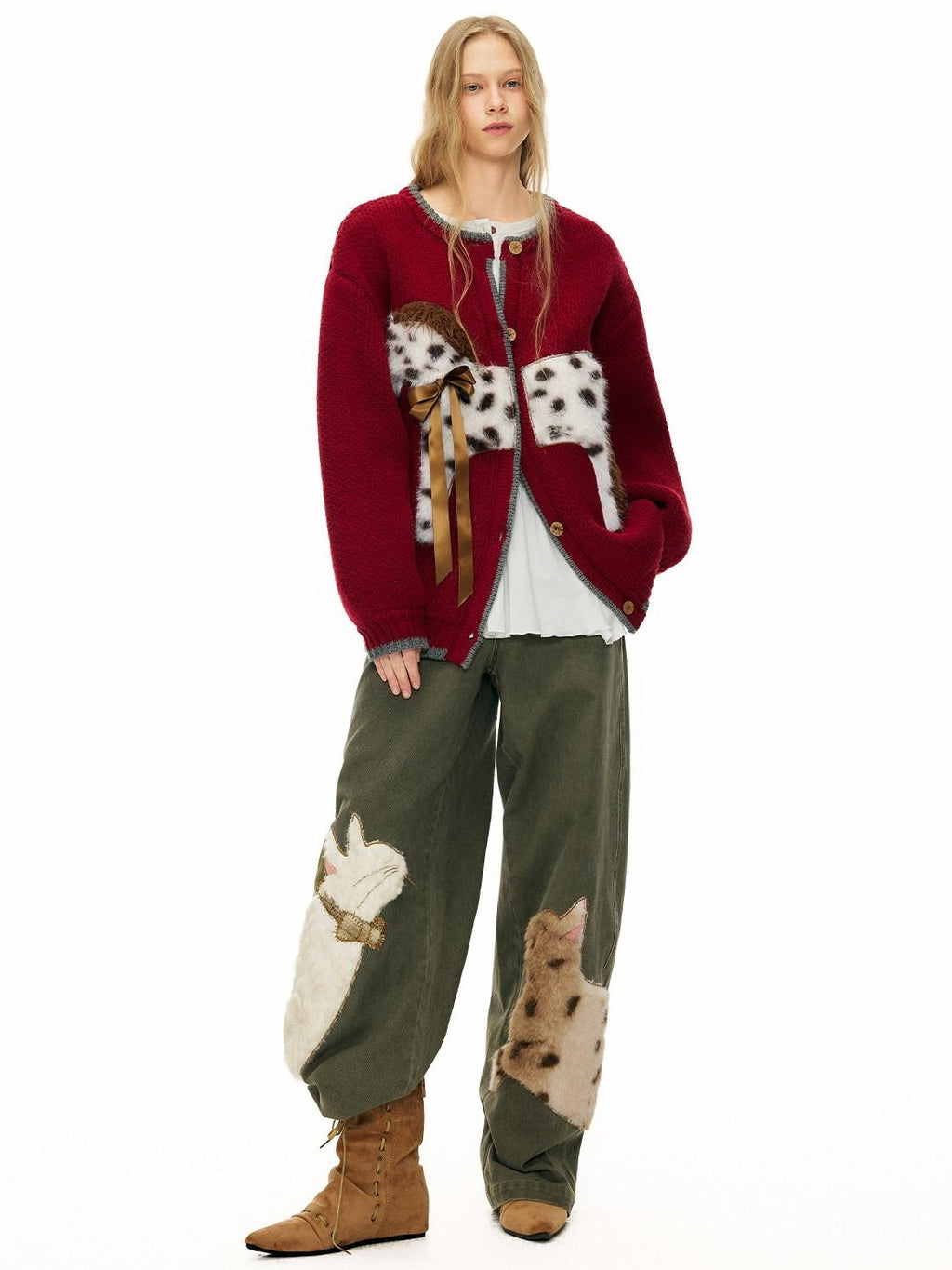 Outthe Blue Green Animal Print Cotton Natural Waist Patch Casual Women Wide Leg Pants