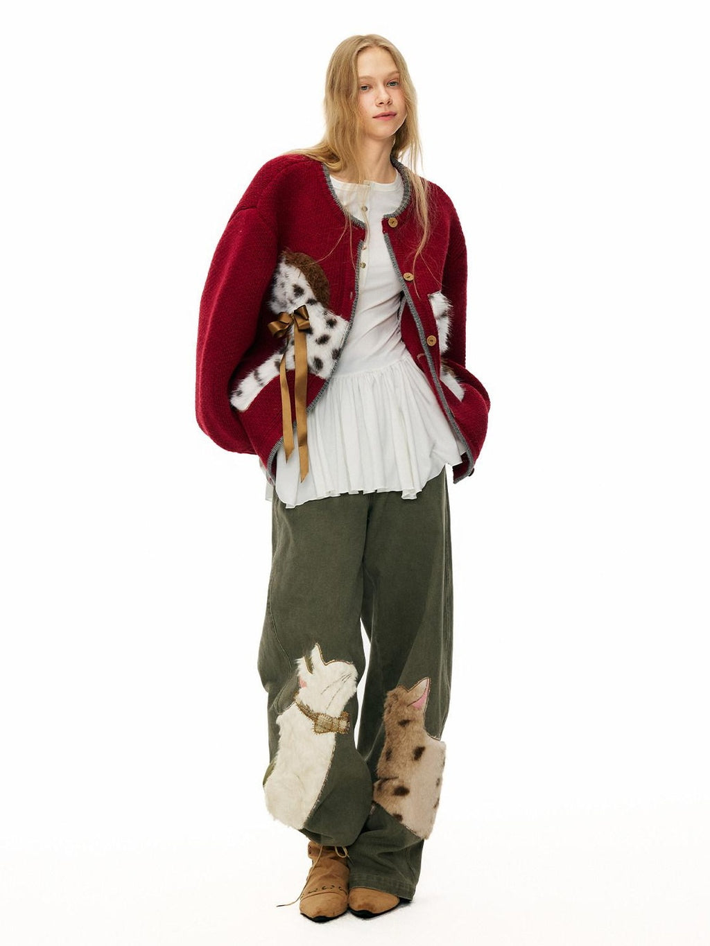 Outthe Blue Green Animal Print Cotton Natural Waist Patch Casual Women Wide Leg Pants
