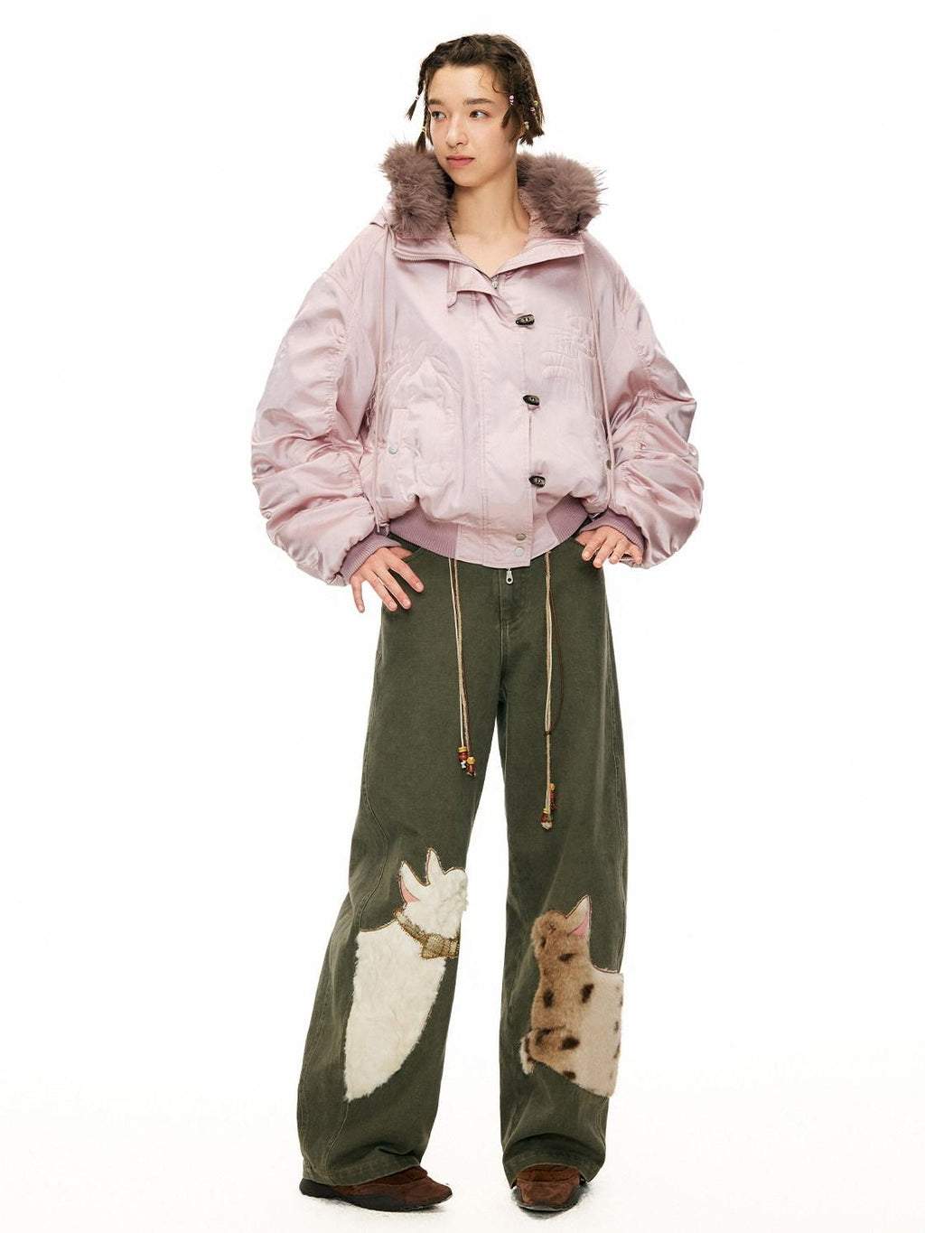 Outthe Blue Green Animal Print Cotton Natural Waist Patch Casual Women Wide Leg Pants