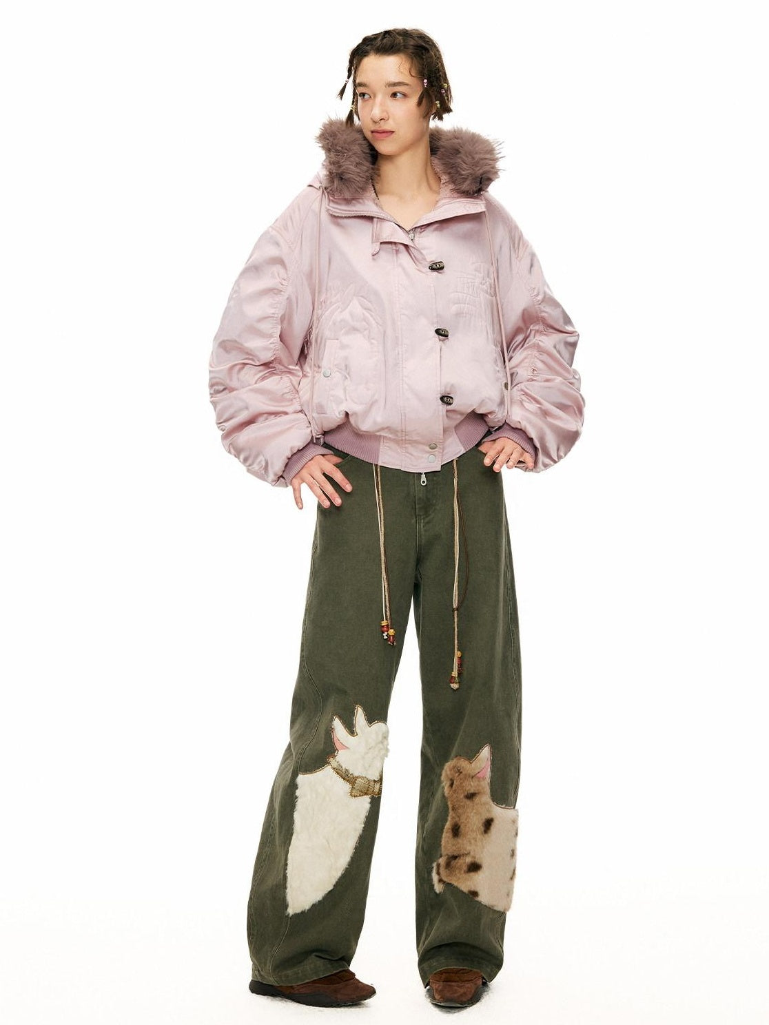 Outthe Blue Green Animal Print Cotton Natural Waist Patch Casual Women Wide Leg Pants