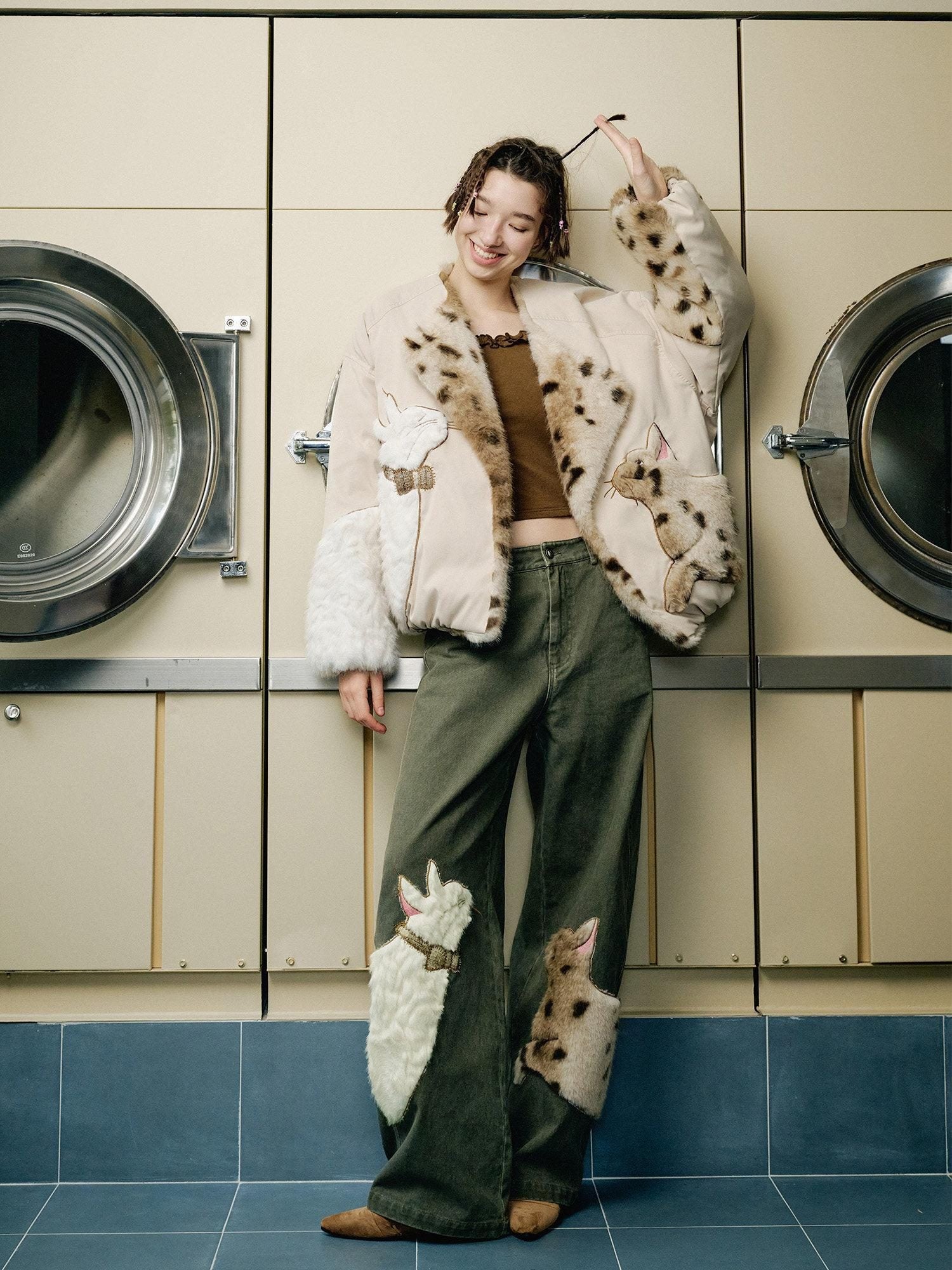 Outthe Blue Green Animal Print Cotton Natural Waist Patch Casual Women Wide Leg Pants