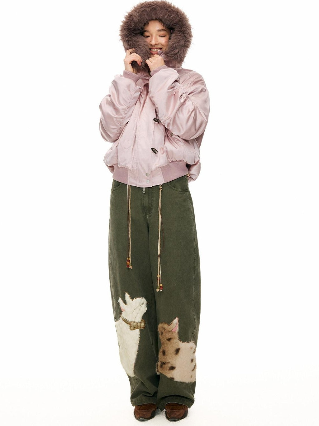 Outthe Blue Green Animal Print Cotton Natural Waist Patch Casual Women Wide Leg Pants