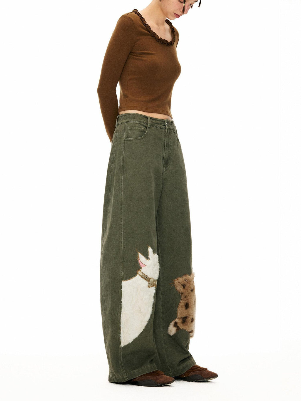 Outthe Blue Green Animal Print Cotton Natural Waist Patch Casual Women Wide Leg Pants