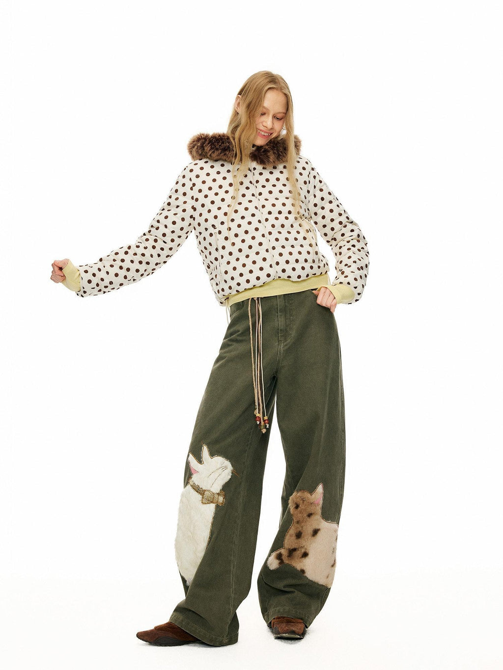 Outthe Blue Green Animal Print Cotton Natural Waist Patch Casual Women Wide Leg Pants