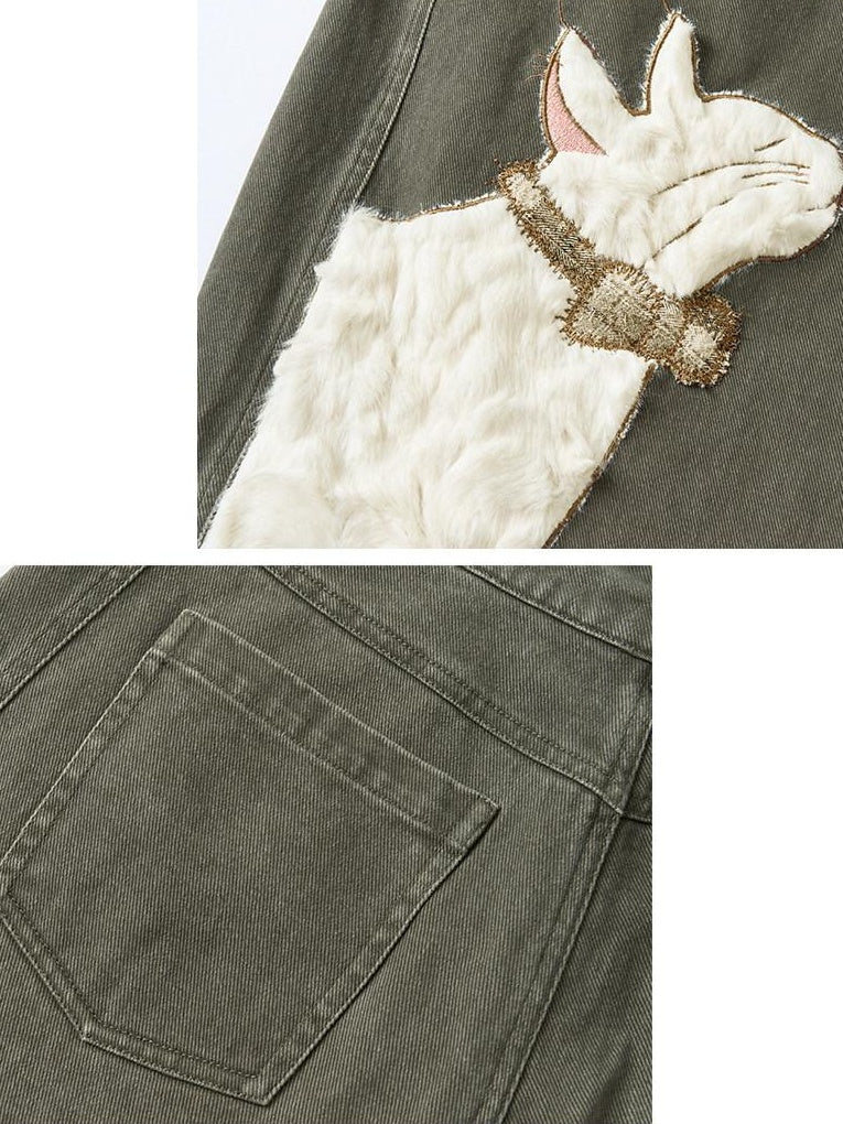 Outthe Blue Green Animal Print Cotton Natural Waist Patch Casual Women Wide Leg Pants