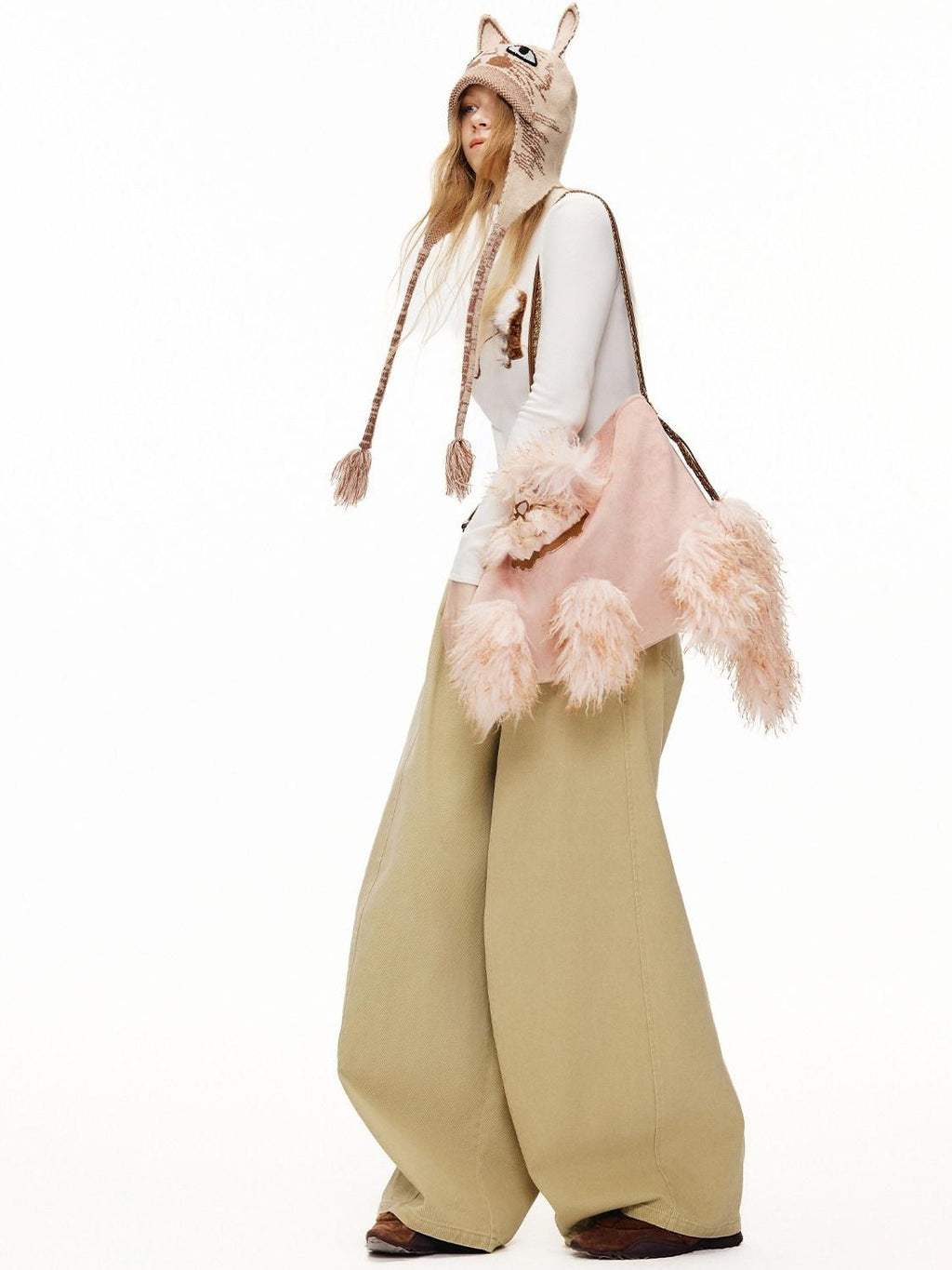 Outthe Blue High Breathability Casual Knit Round Top Women Animal Pattern Light Beige Hats
