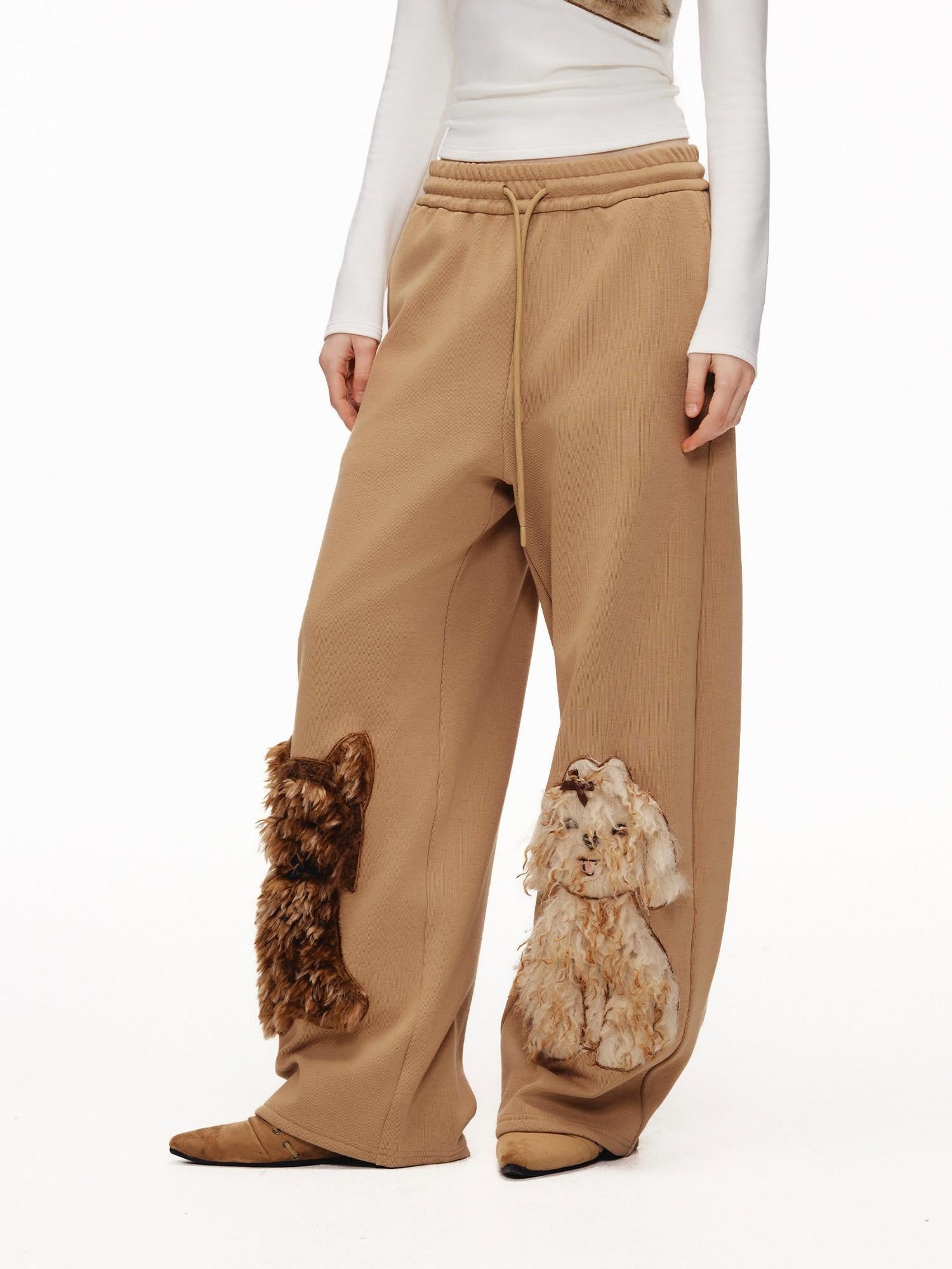 Outthe Blue High Waist Asymmetric Embroidered Applique Loose Straight Camel Sweatpants