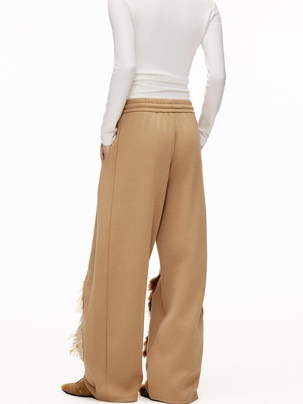 Outthe Blue High Waist Asymmetric Embroidered Applique Loose Straight Camel Sweatpants